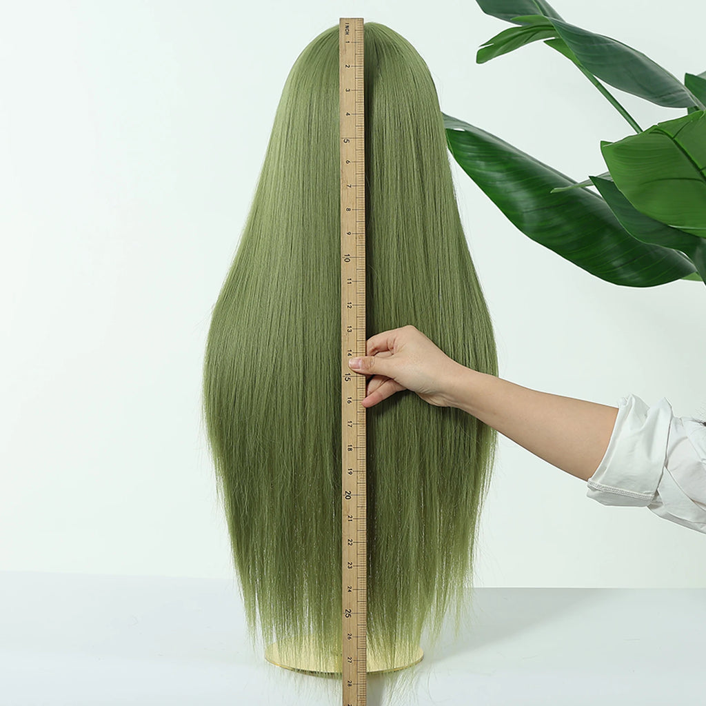 Allbell Magique Mint Green Long Straight Synthetic Wig With Blunt Bangs Natural Look Green Cosplay Wig For Women Versatile Daily