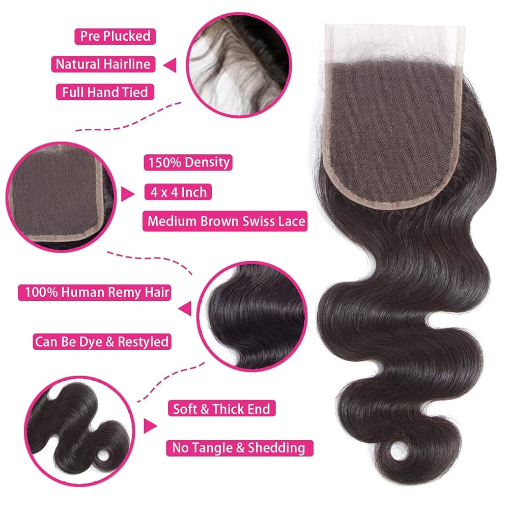 Body Wave 100% Human Hair Bundles With Closure Unprocessed Brazilian 3 Bundles with 4x4 Free Part Lace Closure For Women Remy