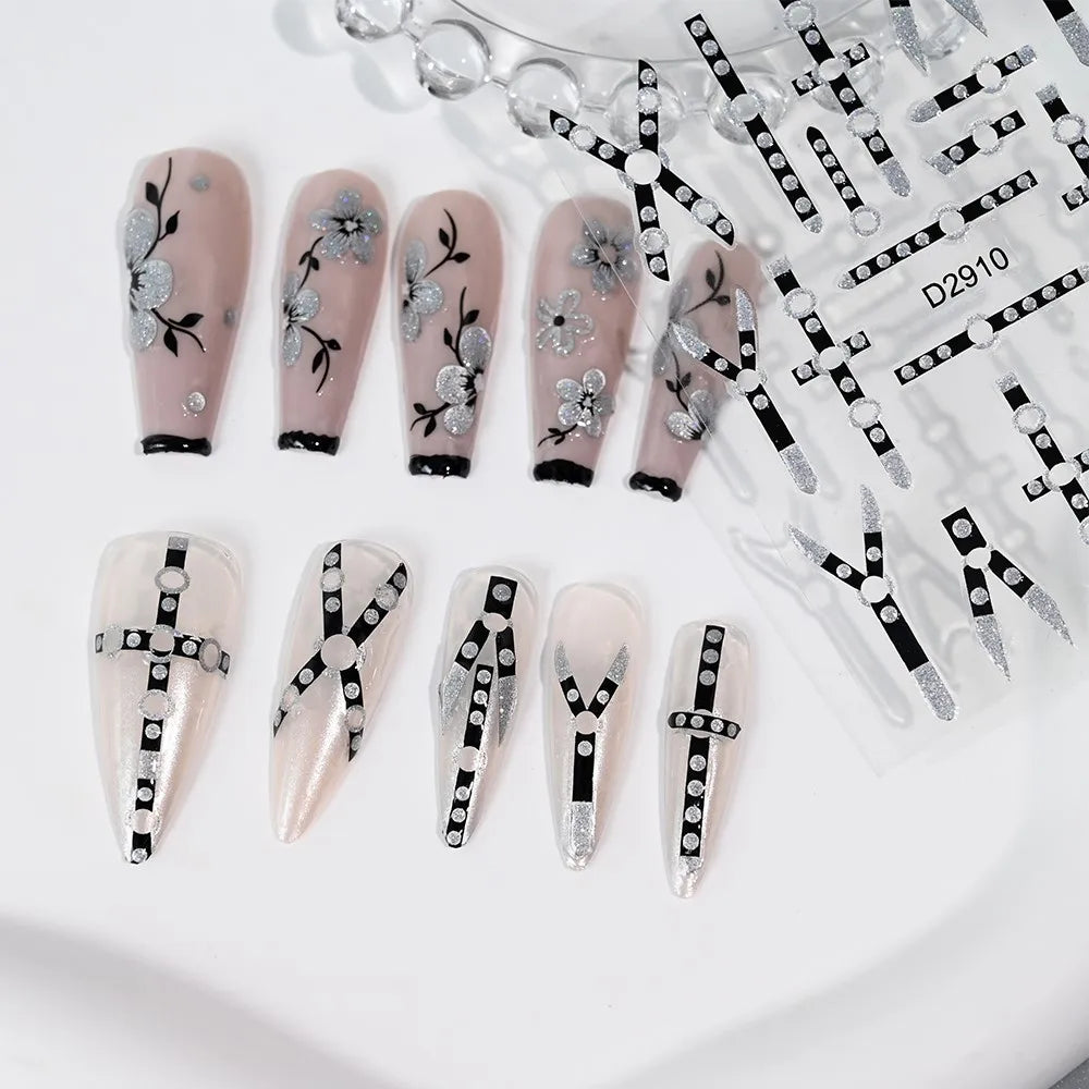 1pcs Gothic Punk Black Line Nail Art Sticker Glitter Black Bandage Design Adhesive Nail Decals DIY Stripes Manicure Accessories
