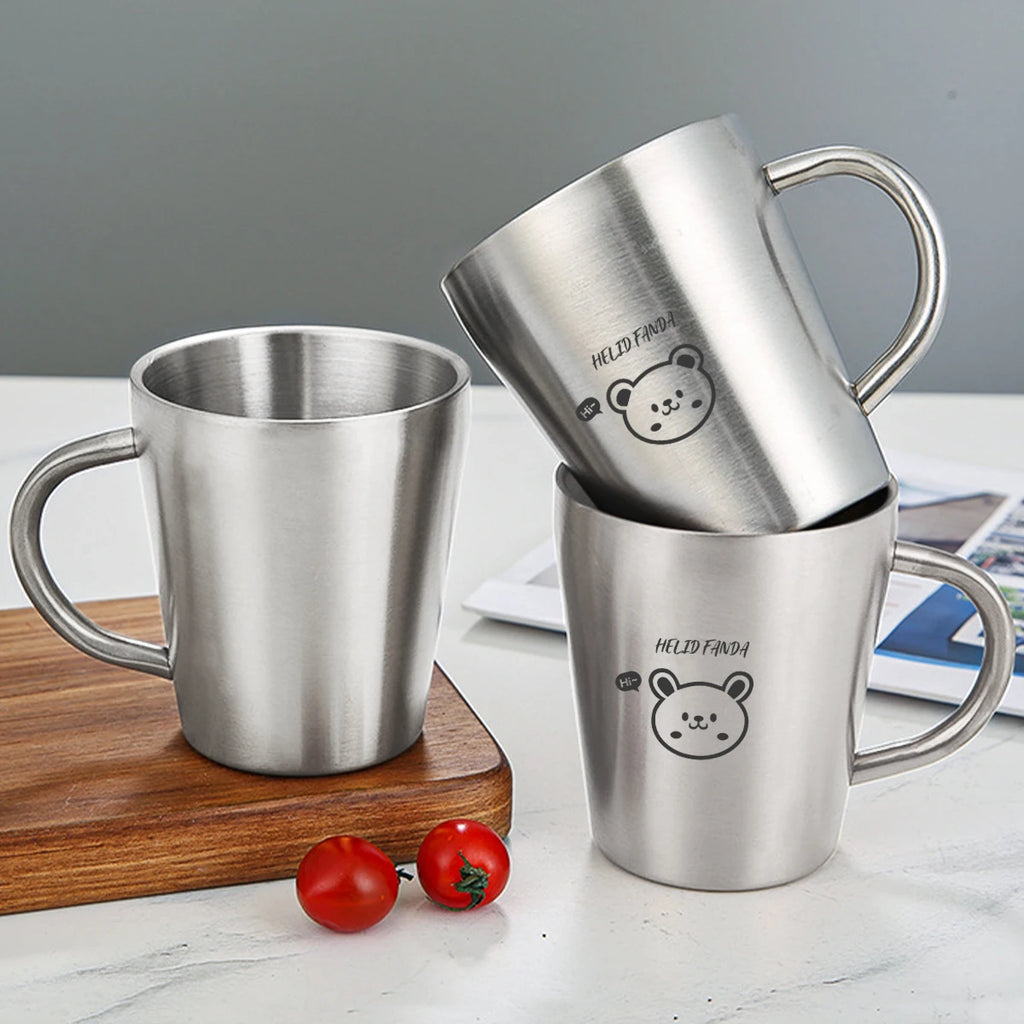 WORTHBUY 304 Stainless Steel Water Mug With Handle Double Wall Anti Scalding Drinking Cup Children Milk Coffee Cup Drinkware  ﻿