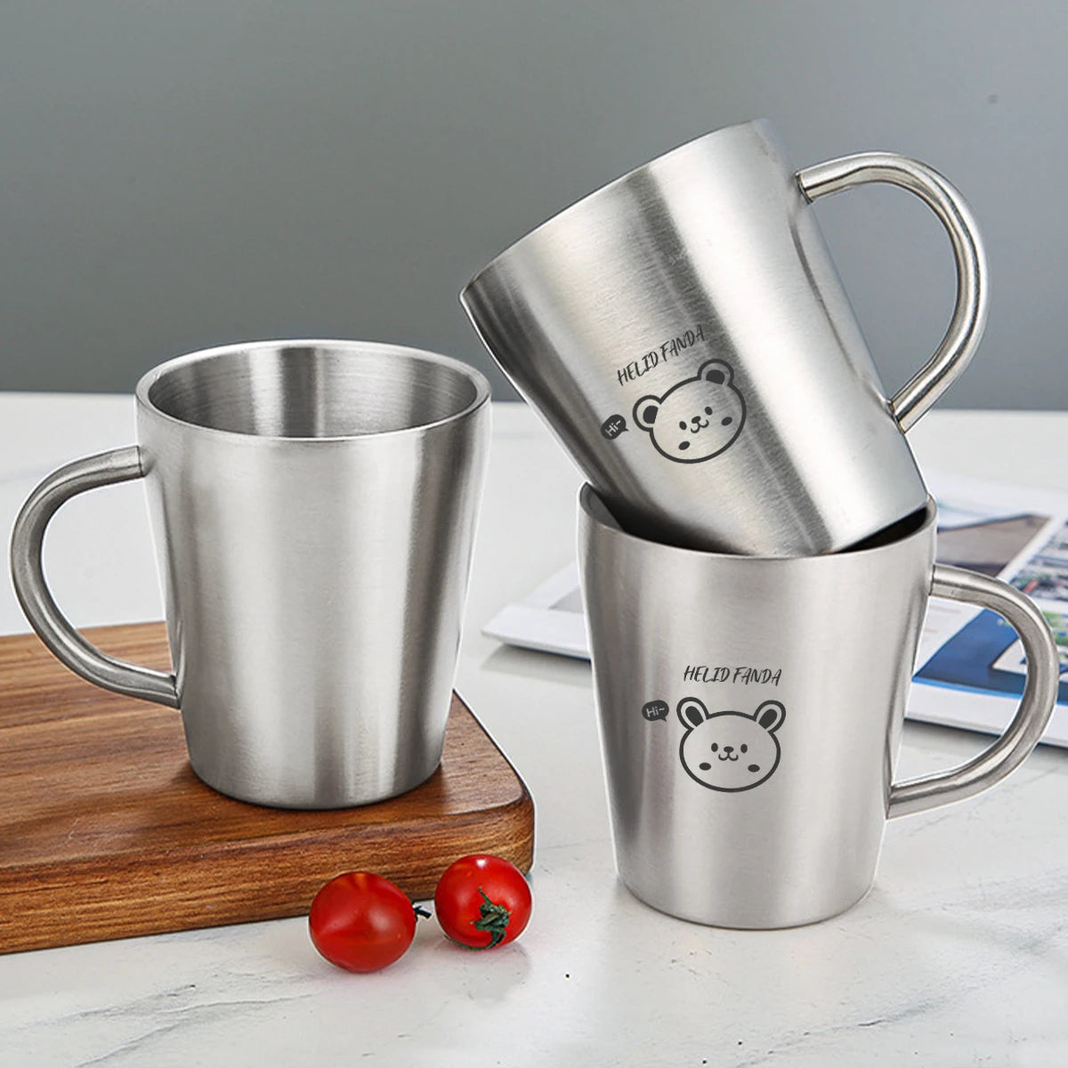WORTHBUY 304 Stainless Steel Water Mug With Handle Double Wall Anti Scalding Drinking Cup Children Milk Coffee Cup Drinkware  ﻿