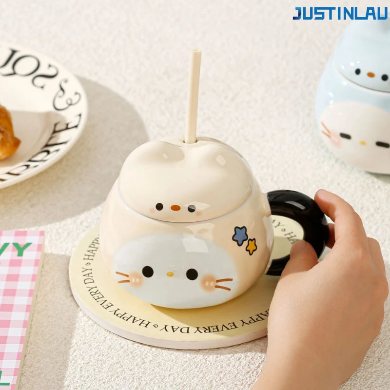 Set of Sesame-shaped Ceramic Cup Cat Grass Straw Cup with Lid and Straw Coffee Cup Breakfast Milk Cup Instagram-style Coffee Cup