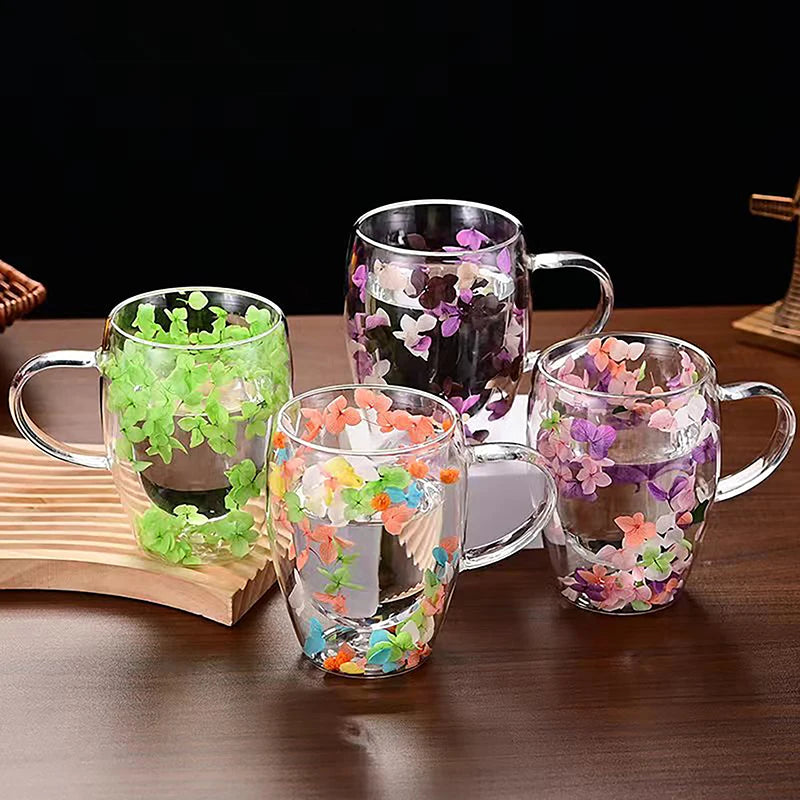 1PC INS Trends High Borosilicate Glass Tea Coffee Cup Floral Dry Flowers Cup Simple Heat Resistant Double Wall Glass Cup