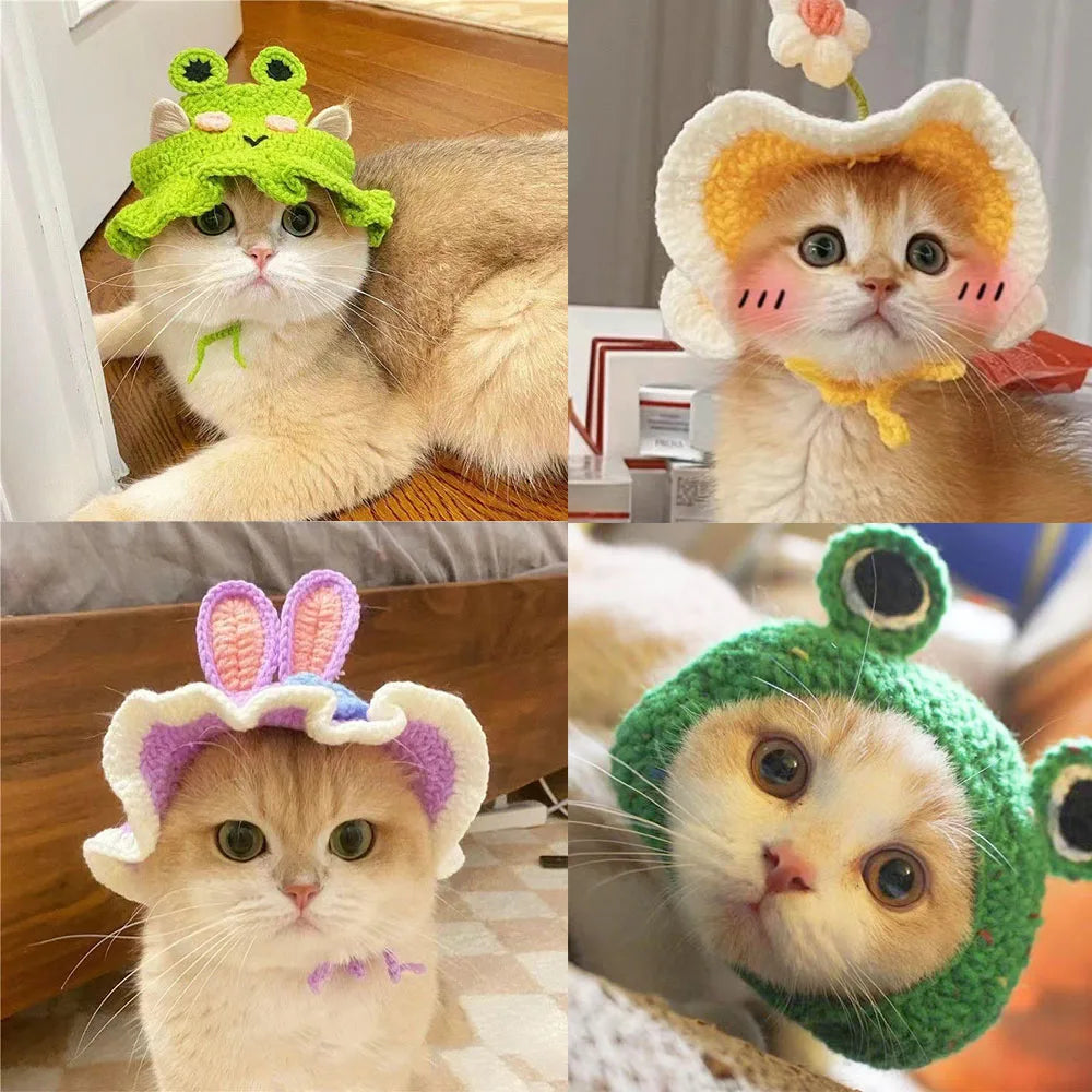 Pet Costume Hats Cat Dog Cartoon Headband Crochet Hat Knitted Cap Big Eye Frog Christmas Party Cosplay for Kitten Puppy Birthday