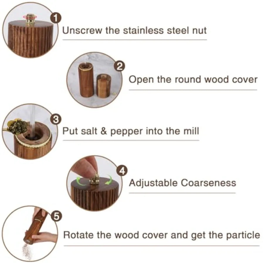 Refillable Wooden Salt and Pepper Grinder Set with Adjustable Coarseness Acacia Wood Pepper Mill Manual Matching Wooden Tray Bl