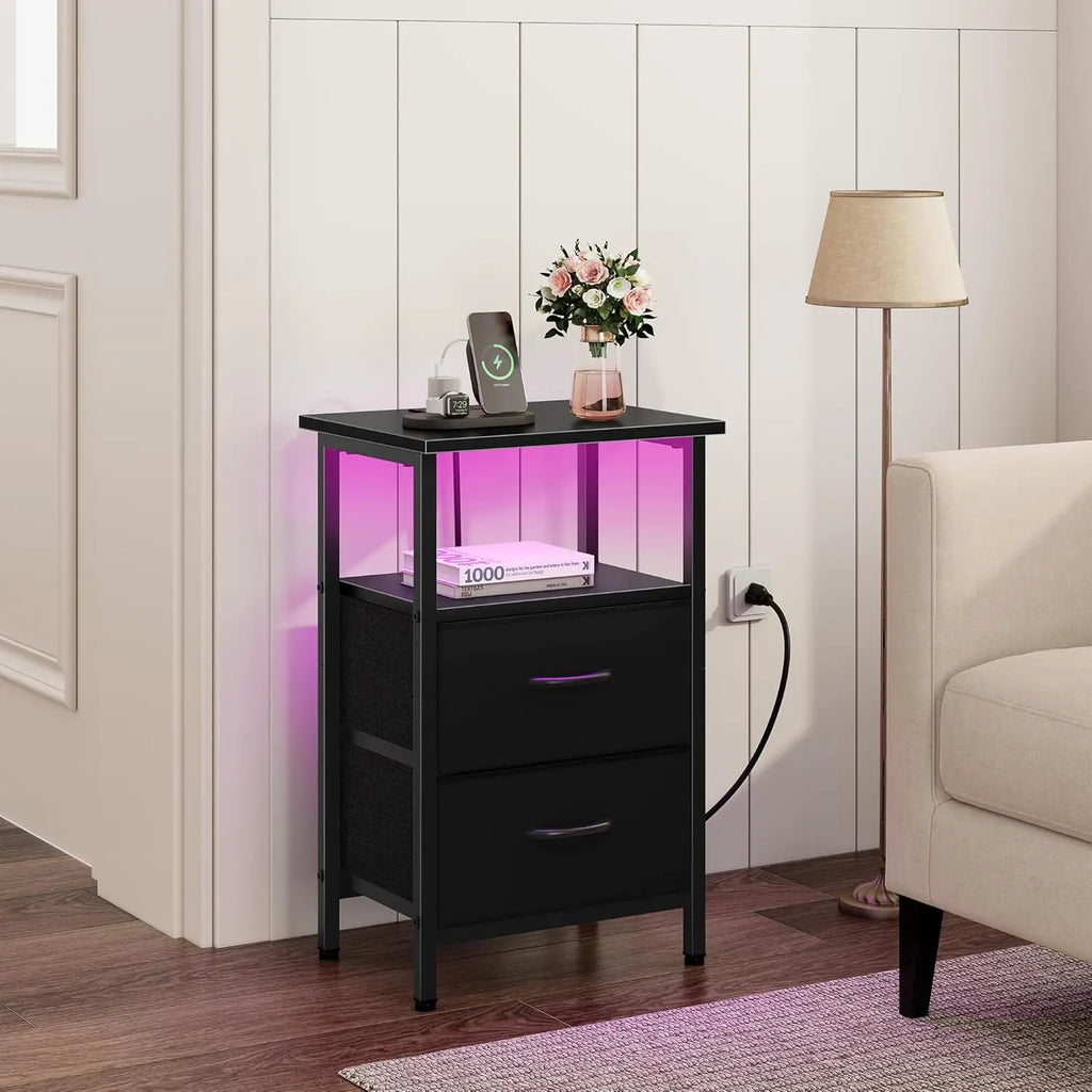 2-Piece LED Nightstand Set with Charging Station, Fabric Drawers & Storage Shelves for Bedroom