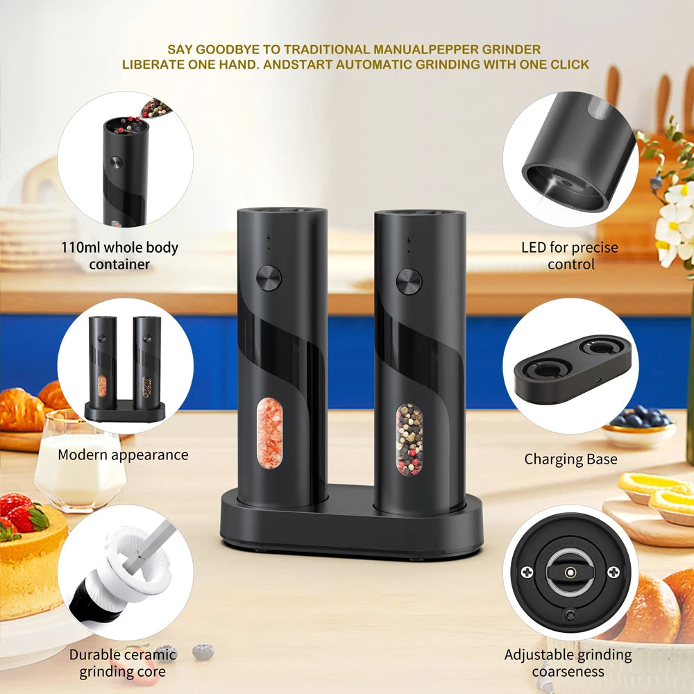 2Pcs Electric Salt And Pepper Grinder Rechargeable Spice Grinders Set 110ml Capacity Automatic Pepper Mills With Charging Base