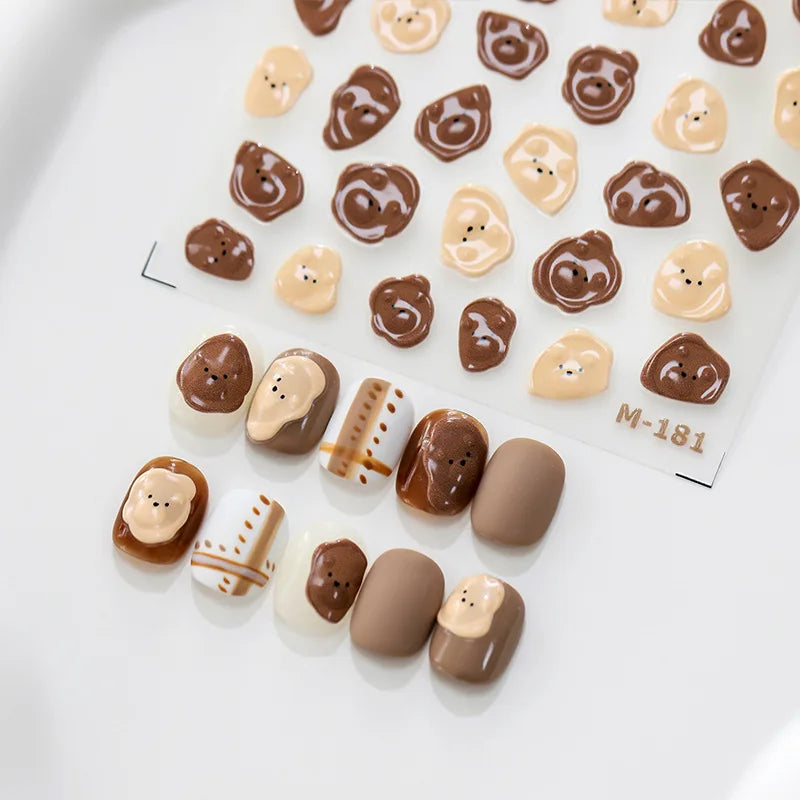 High-quality white and brown bear 3D nail art stickers, a set of 5D colorful butterfly nail decals