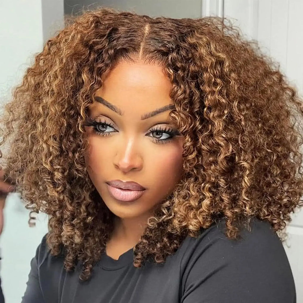 Curly Short Bob Wig Highlight 4/27 Honey Blonde 100% Human Hair 5x5 Glueless Closure Wig Deep Wave For Women Virgin Human Hair