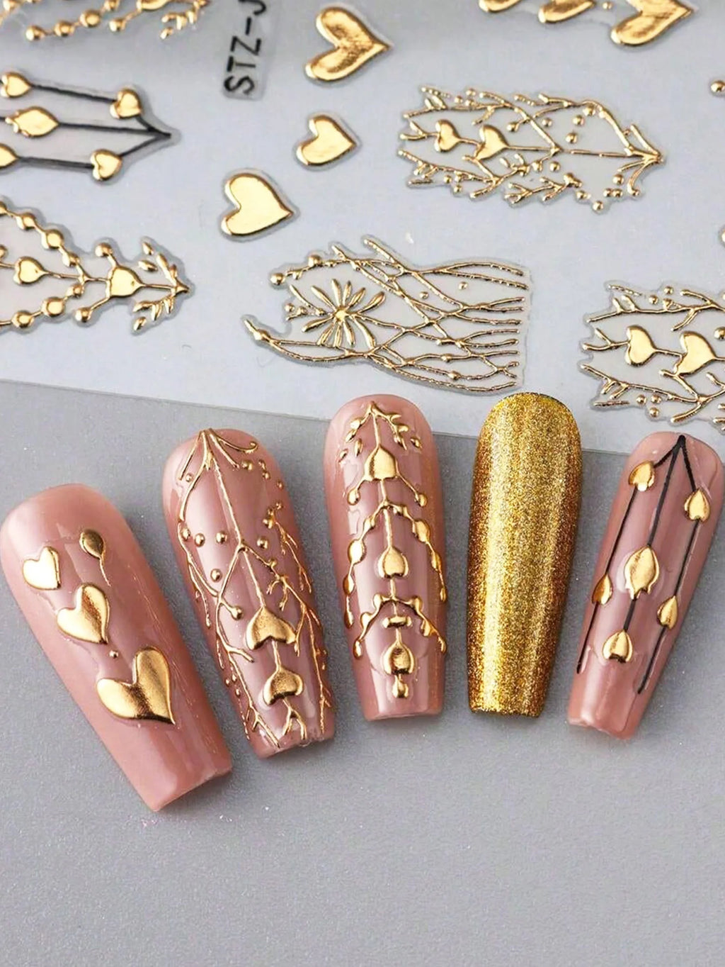 2pcs 3D Bronzing Heart Stickers For Nails Metallic Golden Heart Designs Glitter Self Adhesive Nail Art Decals For Valentine's Da