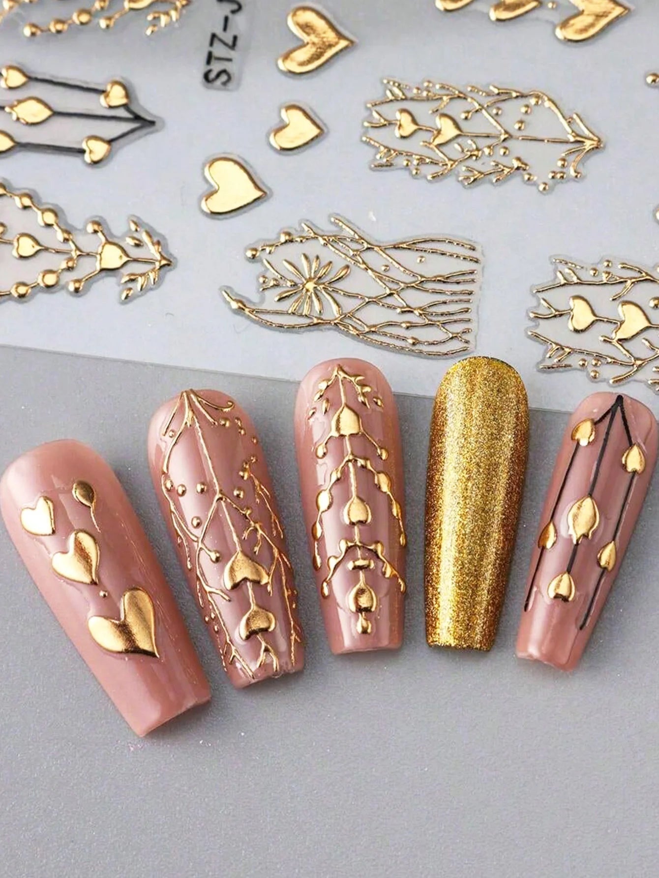2pcs 3D Bronzing Heart Stickers For Nails Metallic Golden Heart Designs Glitter Self Adhesive Nail Art Decals For Valentine's Da