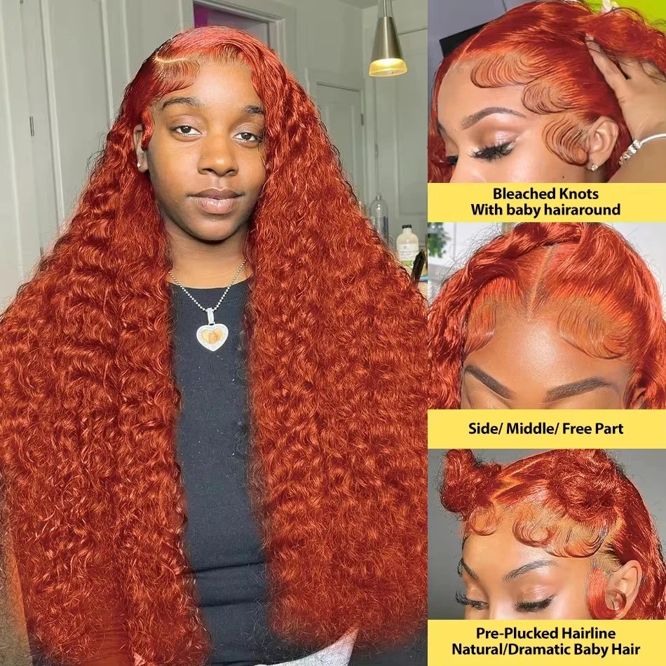 Ginger Orange Lace Front Curly Human Hair Wig Water Wave 200 Density 13x4 13x6 Deep Wave HD Lace Frontal Wig For Women Brazilian