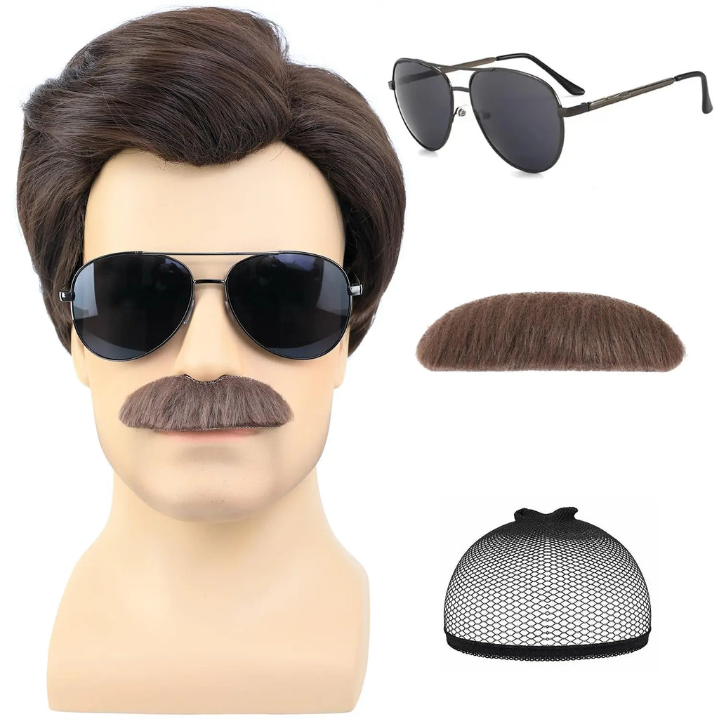 Synthetic Short Brown Men Wig with Msutache and Sunglasses for 70s 80s Costume Cosplay Halloween Party, Ted Lasso Cosplay Wig
