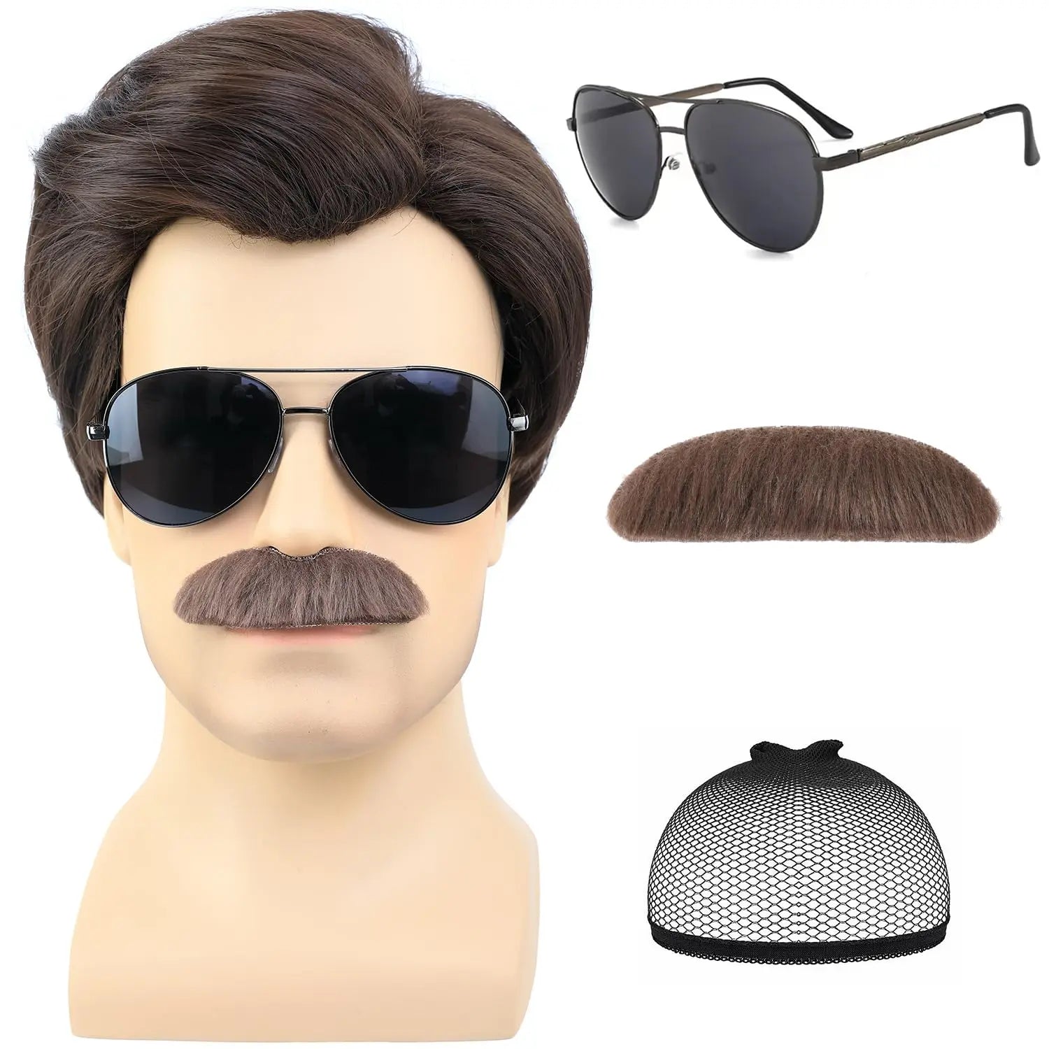 Synthetic Short Brown Men Wig with Msutache and Sunglasses for 70s 80s Costume Cosplay Halloween Party, Ted Lasso Cosplay Wig