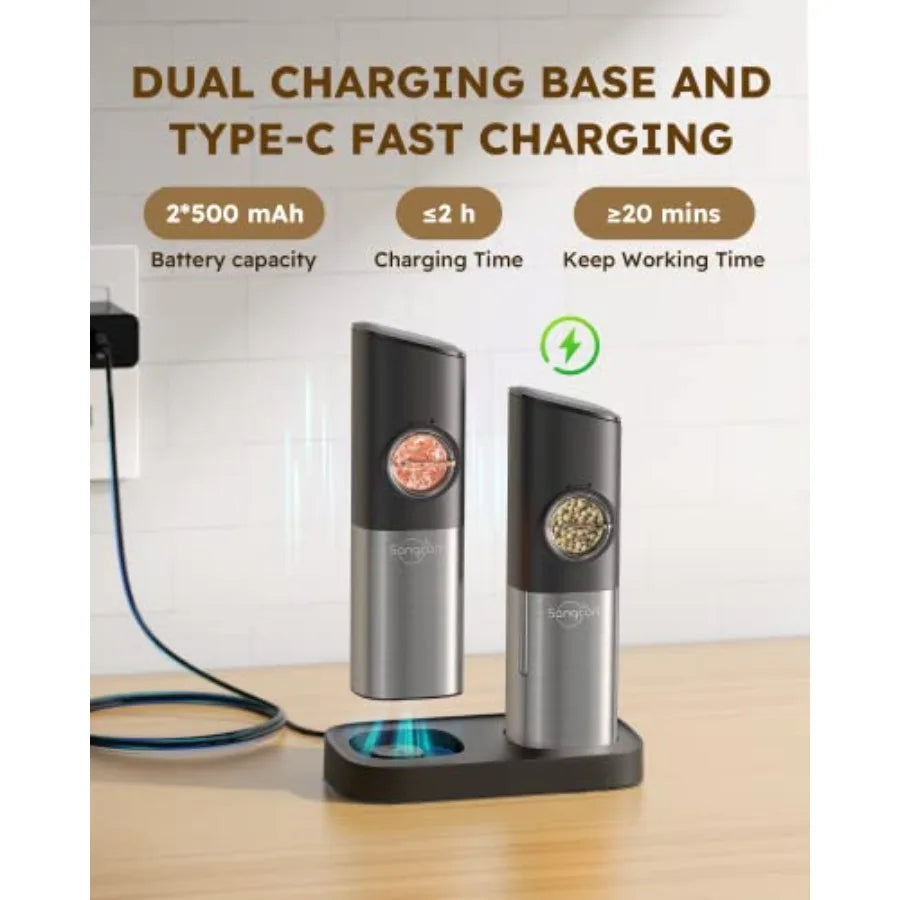 USB Rechargeable Salt and Pepper Grinder Set with Dual Charging Base for Kitchen Countertop - Large Capacity Adjustable Coarsen