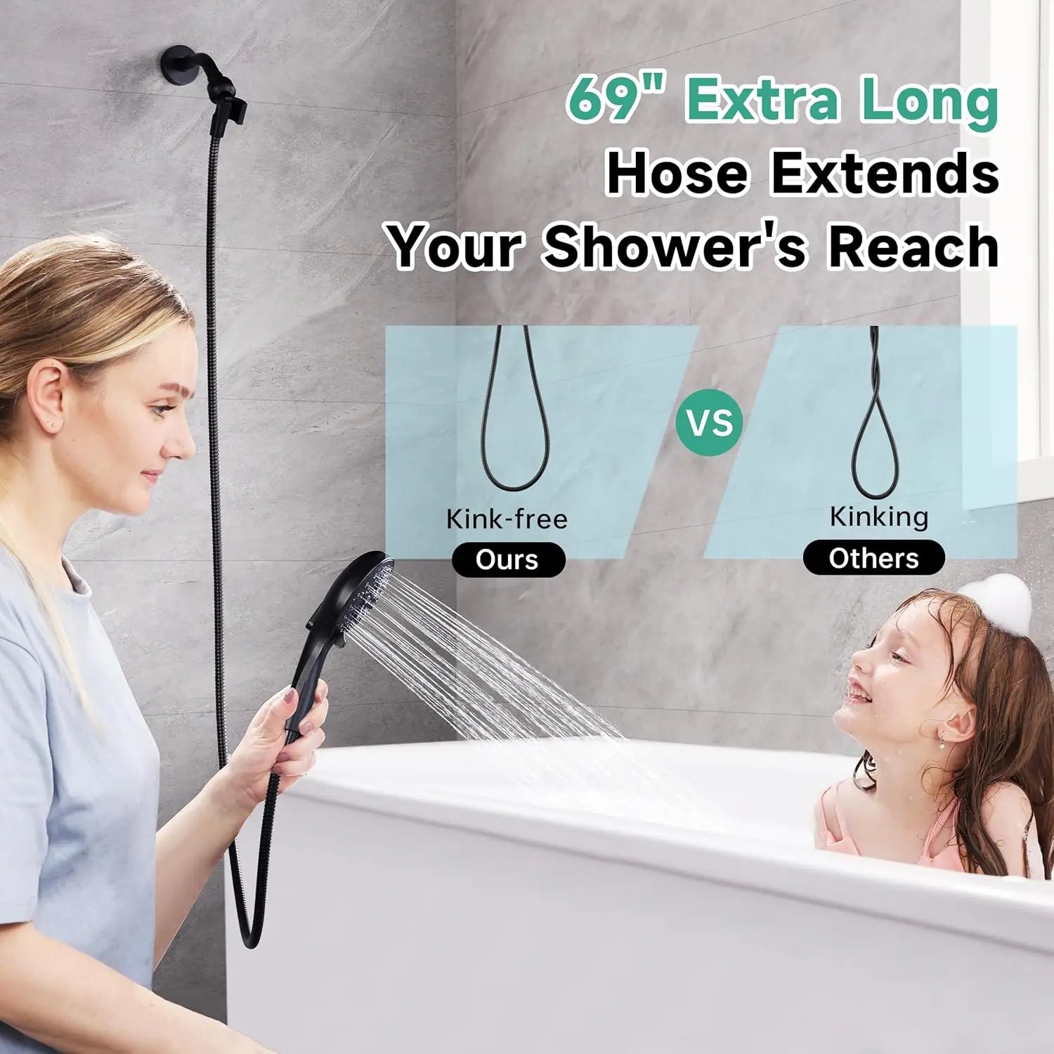 High Pressure Handheld Shower Head with 9 Spray Settings, Power Wash Mode, Long Hose, Adjustable Bracket - Bronze Finish