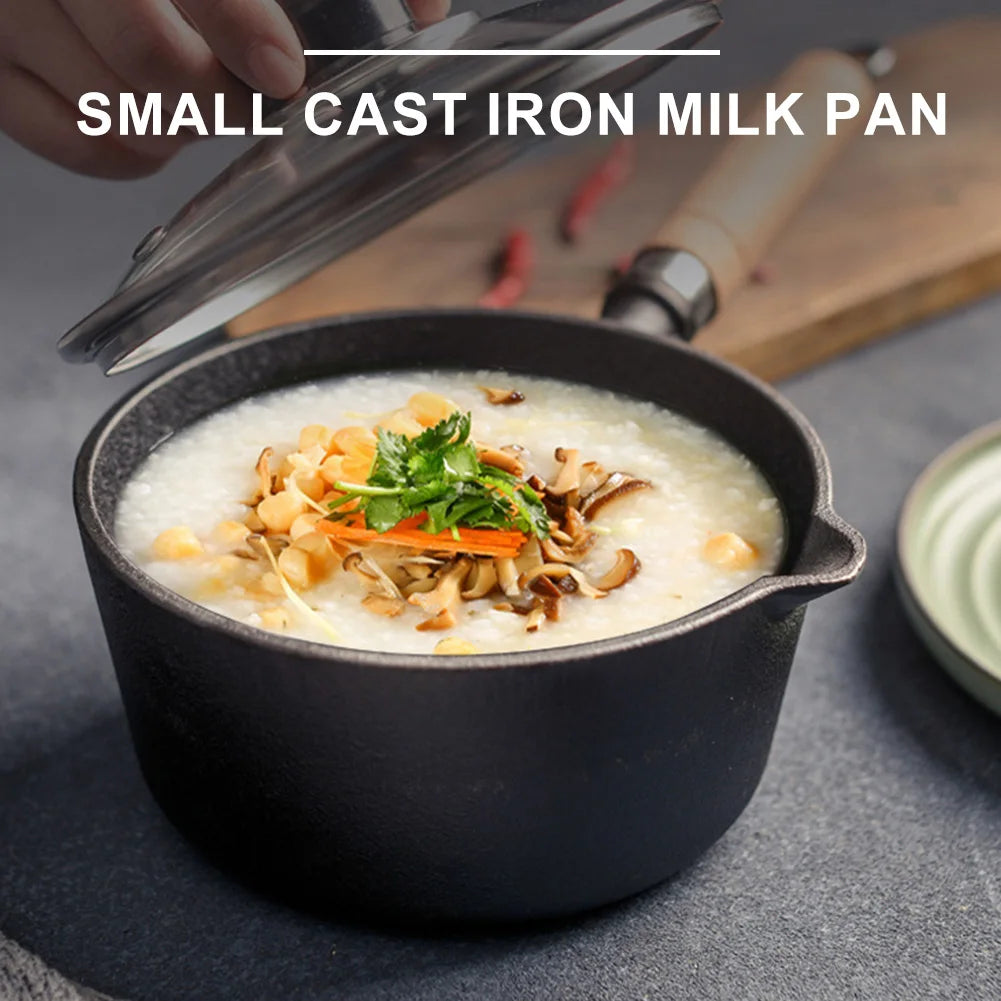 Non-Stick Cooking Saucepan with Pour Spout Cast Iron Hot Oil Pan Wooden Handle Butter Warmer for Pouring Oil Milk Heating Frying