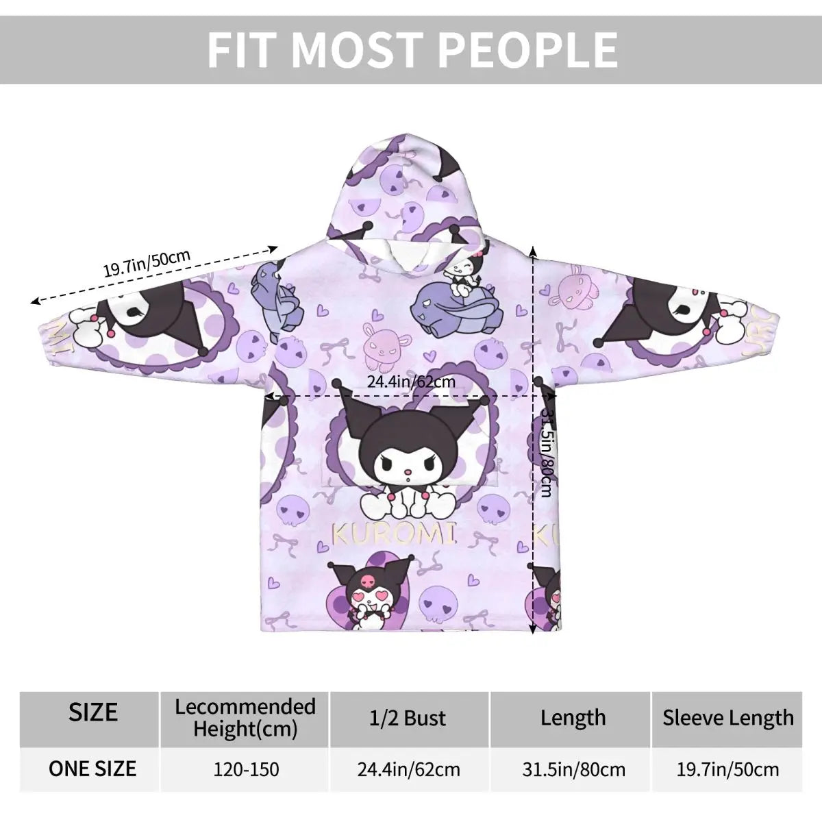 Kuromi Blanket Hoodie Sweatshirt Wearable Blanket Pajamas for Girls Boys