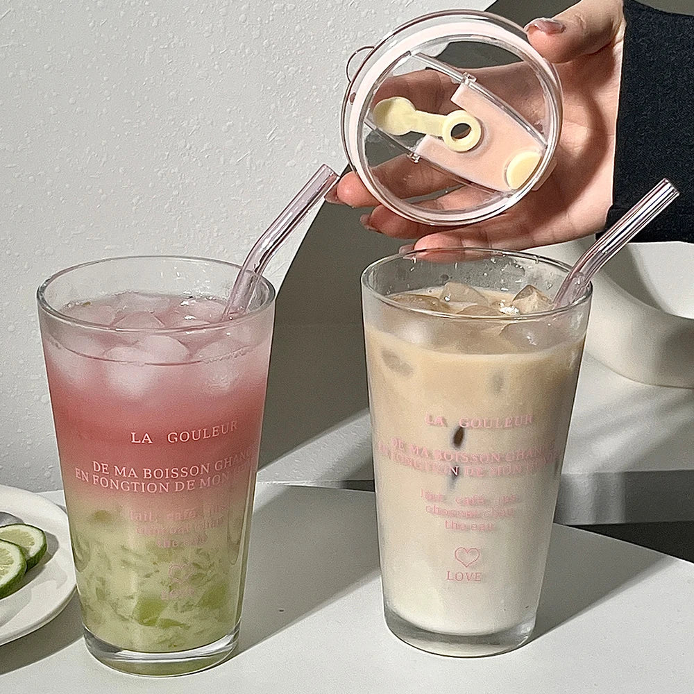 Cute Glass Cup With Straw And Lid Letter Tumbler 450ml Iced Coffee Juice Tea Glass Drinking Cups Transparent Bubble Tea Cup Gift