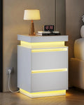 Black Nightstand with Charging Station and LED Lights, Bedside Table with 2 Wooden Drawers and Sliding Top, Modern, Customized