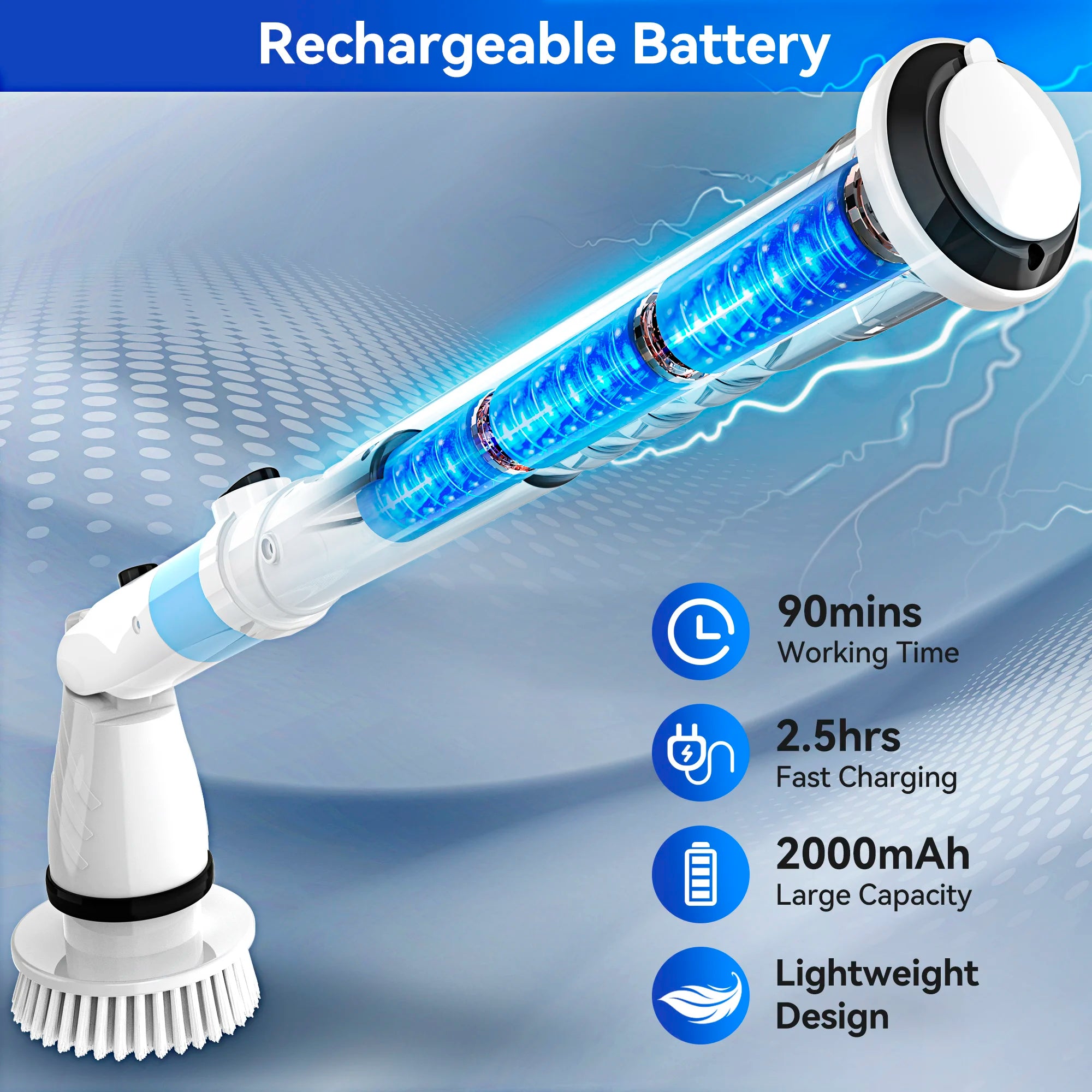 450RPM Electric Spin Scrubber Cordless Shower Cleaning Brush with 5 Replaceable Brushes Adjustable Extension Handle for Bathroom