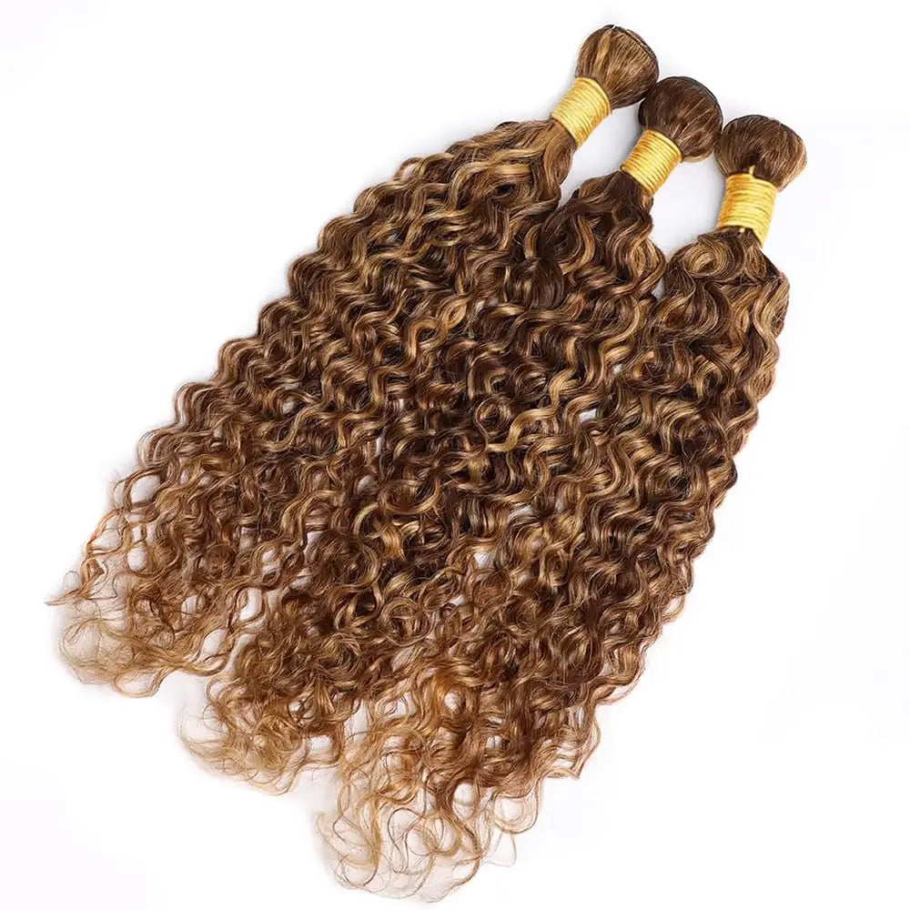 P4/27 Curly Wave Bundles Human Hair Highlight Dark Brown and Honey Blonde Piano Color Mix Brazilian Human Hair Extensions Weave