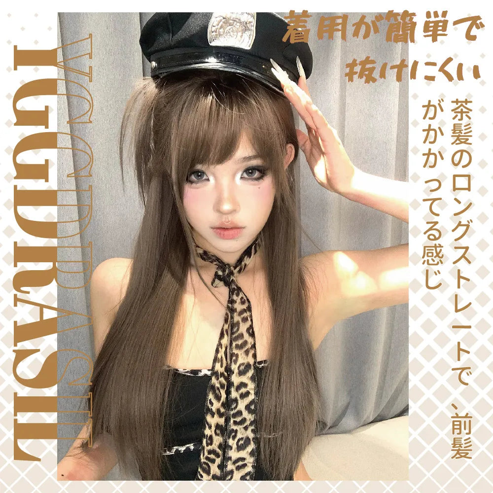 28Inch Wild Style Honey Ash Brown Synthetic Wigs With Bangs Long Straight Hair Mechanism Wig For Women Daily Use Heat Resistant