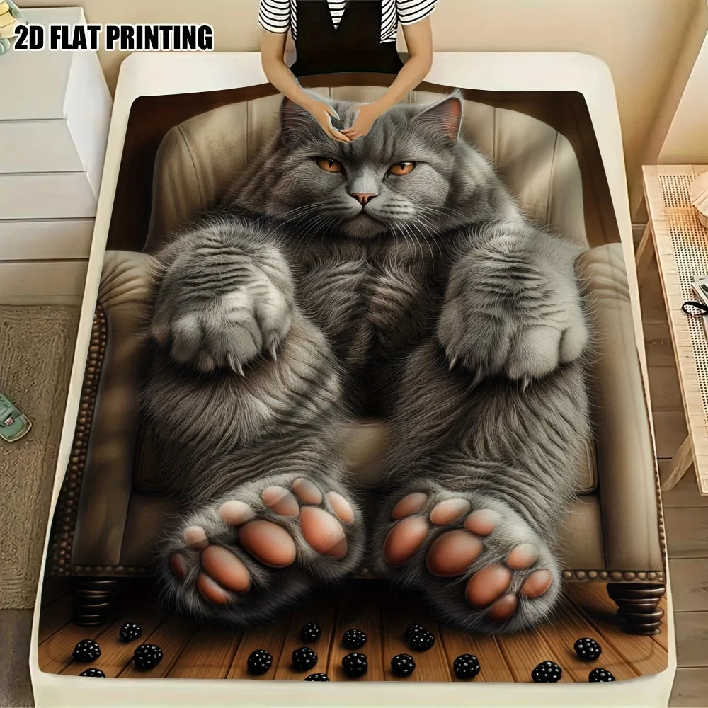 Extra Large Cat Face Blanket – Soft British Shorthair Flannel Throw with Paw Prints for Cat Lovers