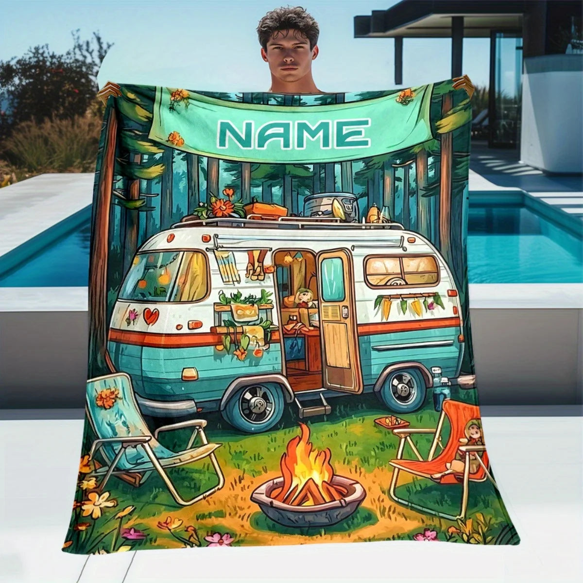 Personalized Vintage Camper Van Blanket Custom Name Cozy Flannel All-Season Bedspread Suitable for Sofa, Bed, Camping & Travel