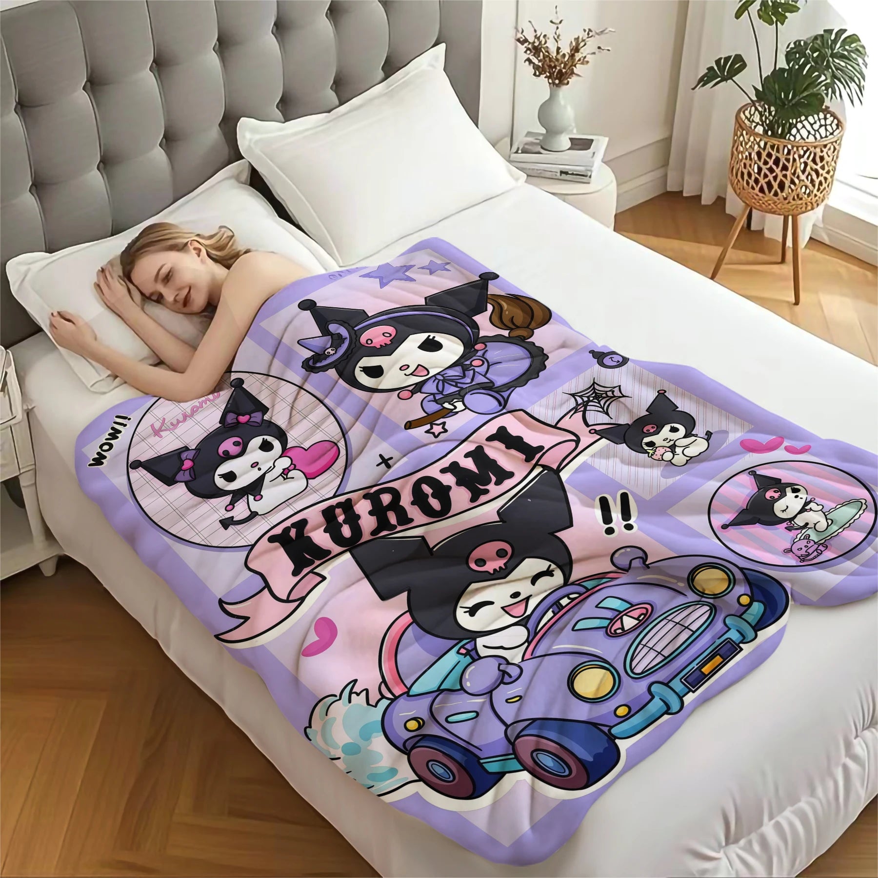 Kuromi Purple Cartoon Car Blanket Cute Comic Strip Pattern Flannel Plush Throw for Home Decor Portable Travel Camping Blanket