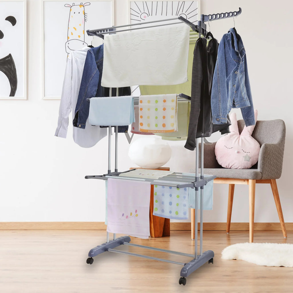 Clothes Drying Rack Stand 4-Tier Foldable Stainless Steel Movable Clothing Airer Multifunctional Laundry Coat Rack Household