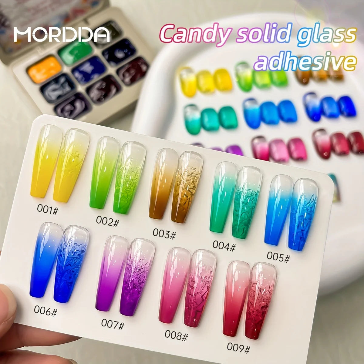 MORDDA 9Pcs Candy Solid Glass Adhesive Patter Glue Smudges Canned High Saturation Popular Semi-Solid Nail Polish