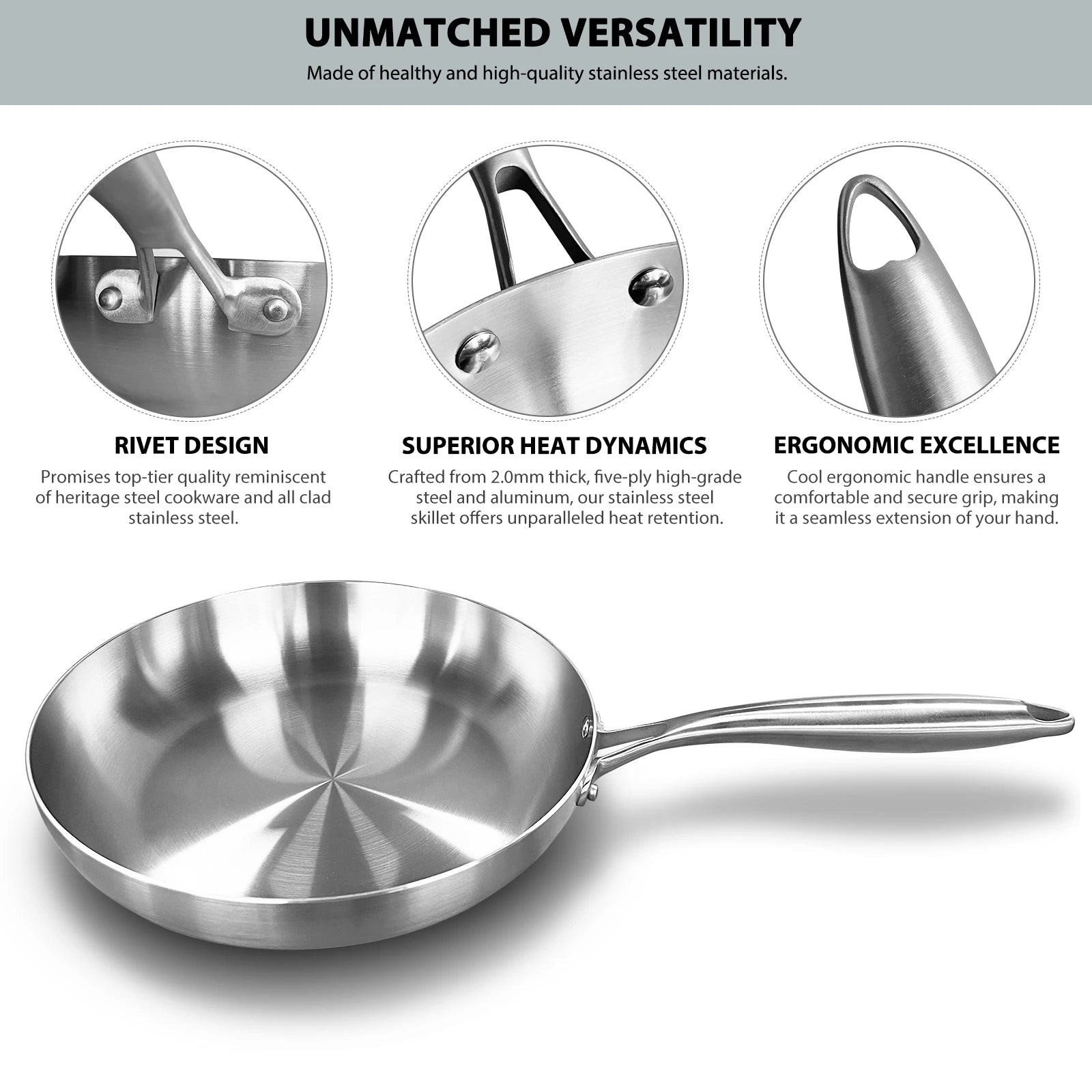 Frying Pan 304 Stainless Steel Non-Stick Steak Pan 22/24/26/28cm Skillet Wok Kitchen Cookware for Gas and Induction Hobs