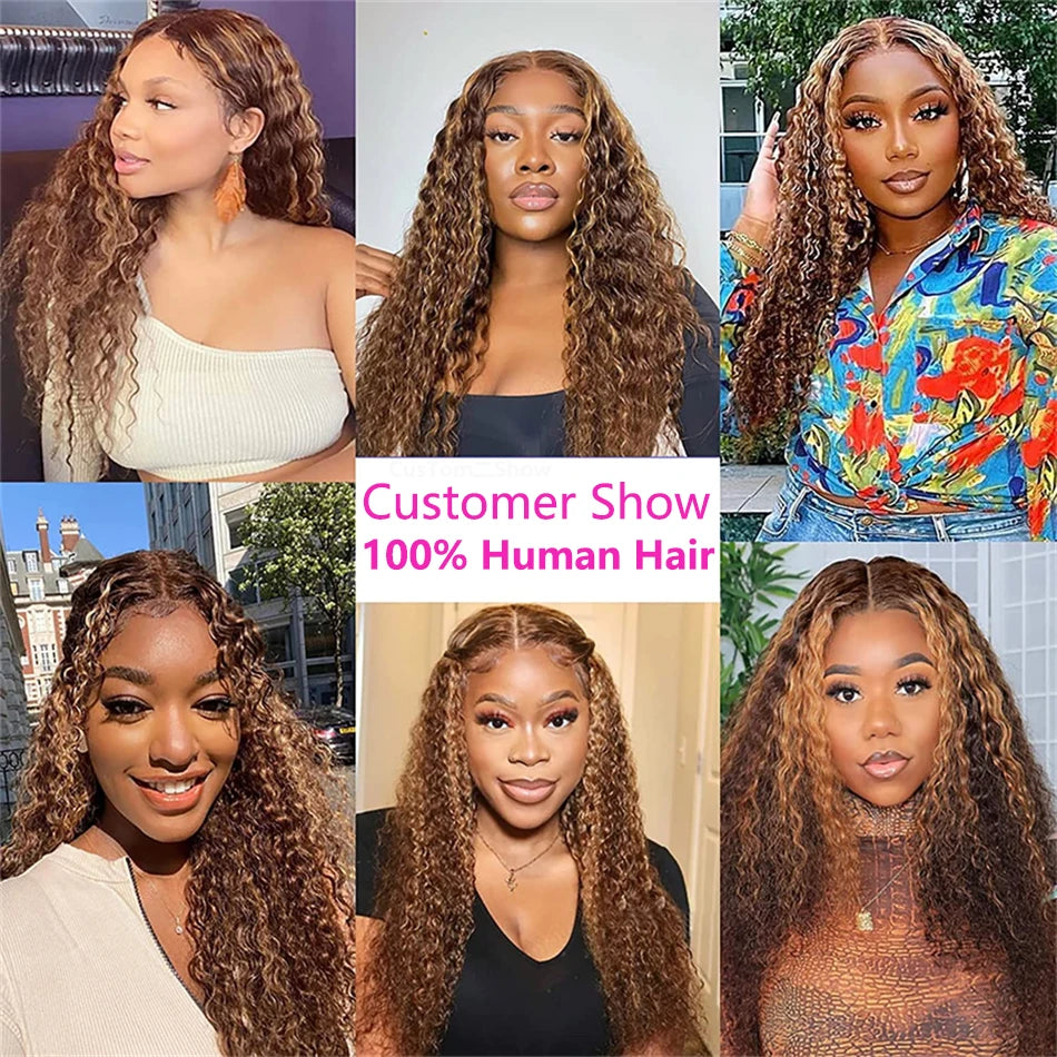 HD 13x6 Brown Lace Front Wig Honey Blonde Deep Curly Human Hair Wigs Highlight Wig 100% Human Hair Water Wave Lace Frontal Wig