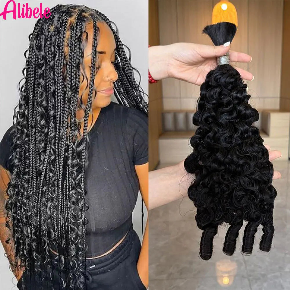 Alibele Hair Bulk Hair For Braiding 100% Real Human Hair Burmese Curly Hair For Boho Braids 12A Grade Hair 95g-105g NaturalColor