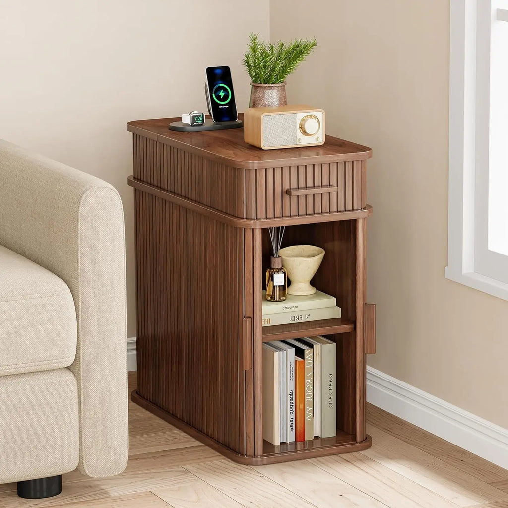 Fluted End Table with Charging Station, Narrow Side Table with Drawers, Wood Skinny Nightstand with Storage,, Customized