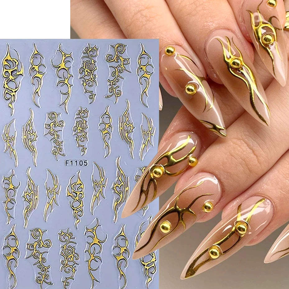 2pcs Metallic Chrome Nail Art Stickers Y2K Punk Thorns Flame Totem Designs Gold Silver Irregular Stripes Adhesive Decals Decor