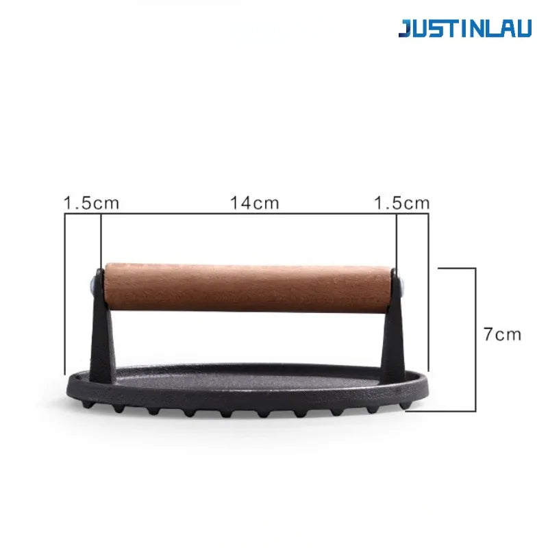 JUSTINLAU Cast Iron Uncoated Square Circular Meat Press Solid Wood Handle, Hamburger Patty Maker Barbecue Fried Meat Press Tool