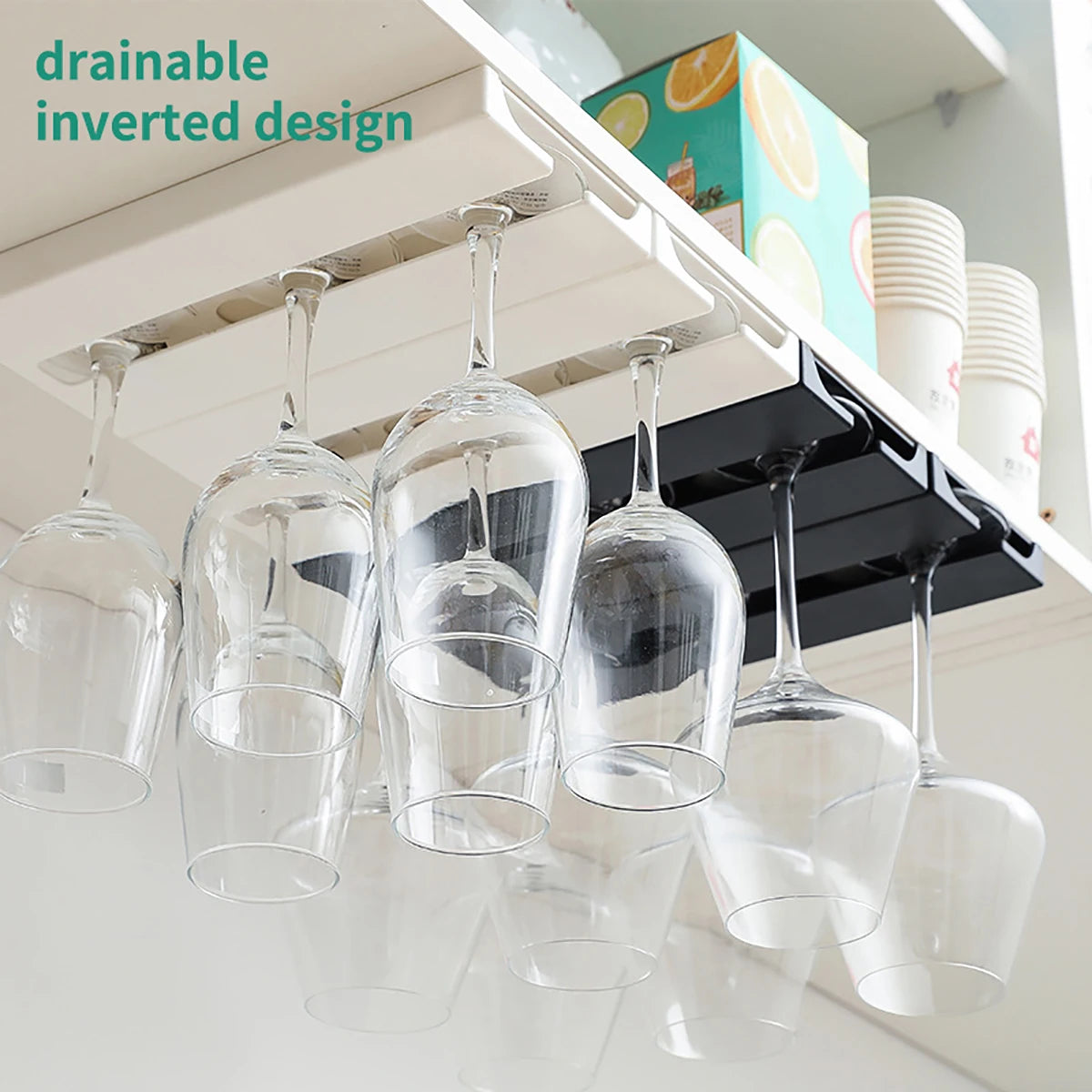 Under Cabinet Upside Down Wine Glass Holder - For Wine Glasses/Champagne Glasses, Minimalist Style Black and White Available