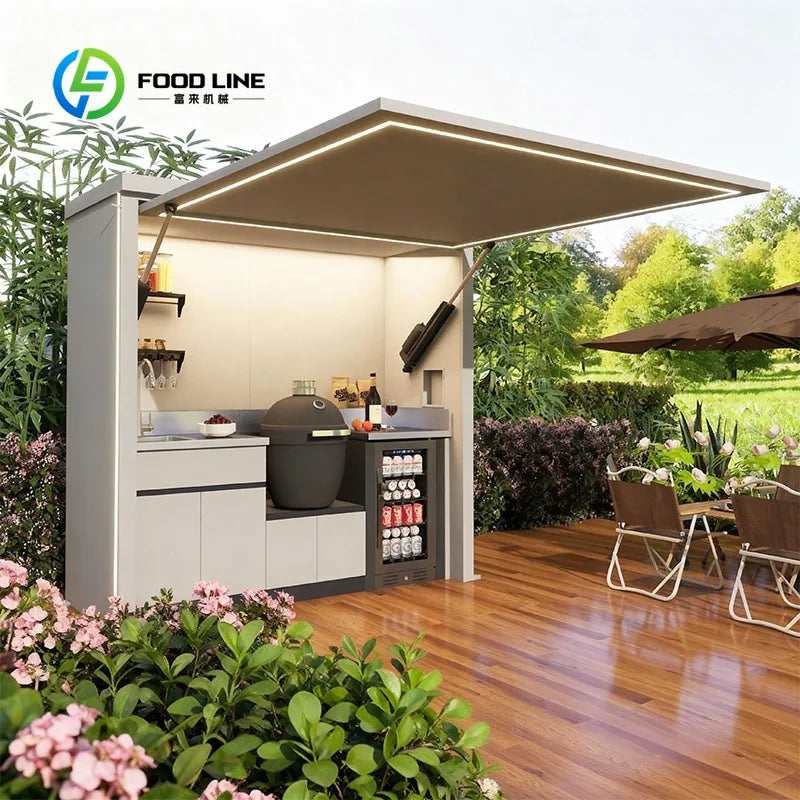 Modular Outdoor Kitchen Pod with Retractable Awning & LED Lights All-in-One BBQ Outdoor Kitchen Station