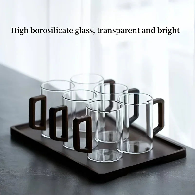 1pcs 400ml/500ml Walnut Wood Handle Glass Cup for Home and Office Use, Drinking Cup, High Temperature Resistant, Guest Water Cup