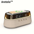 Aretelo 6-in-1 Bedside Wireless Charging Clock, 12/24H Multi-Mode Digital AlarmClock, FM Radio, Bluetooth Speaker, Smart Night L