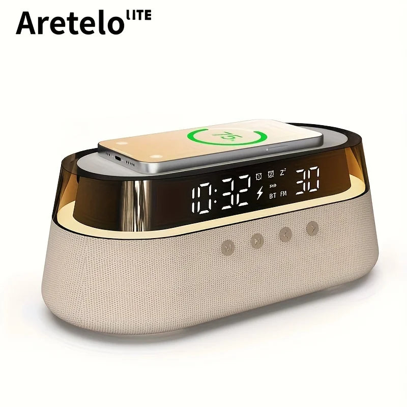 Aretelo 6-in-1 Bedside Wireless Charging Clock, 12/24H Multi-Mode Digital AlarmClock, FM Radio, Bluetooth Speaker, Smart Night L