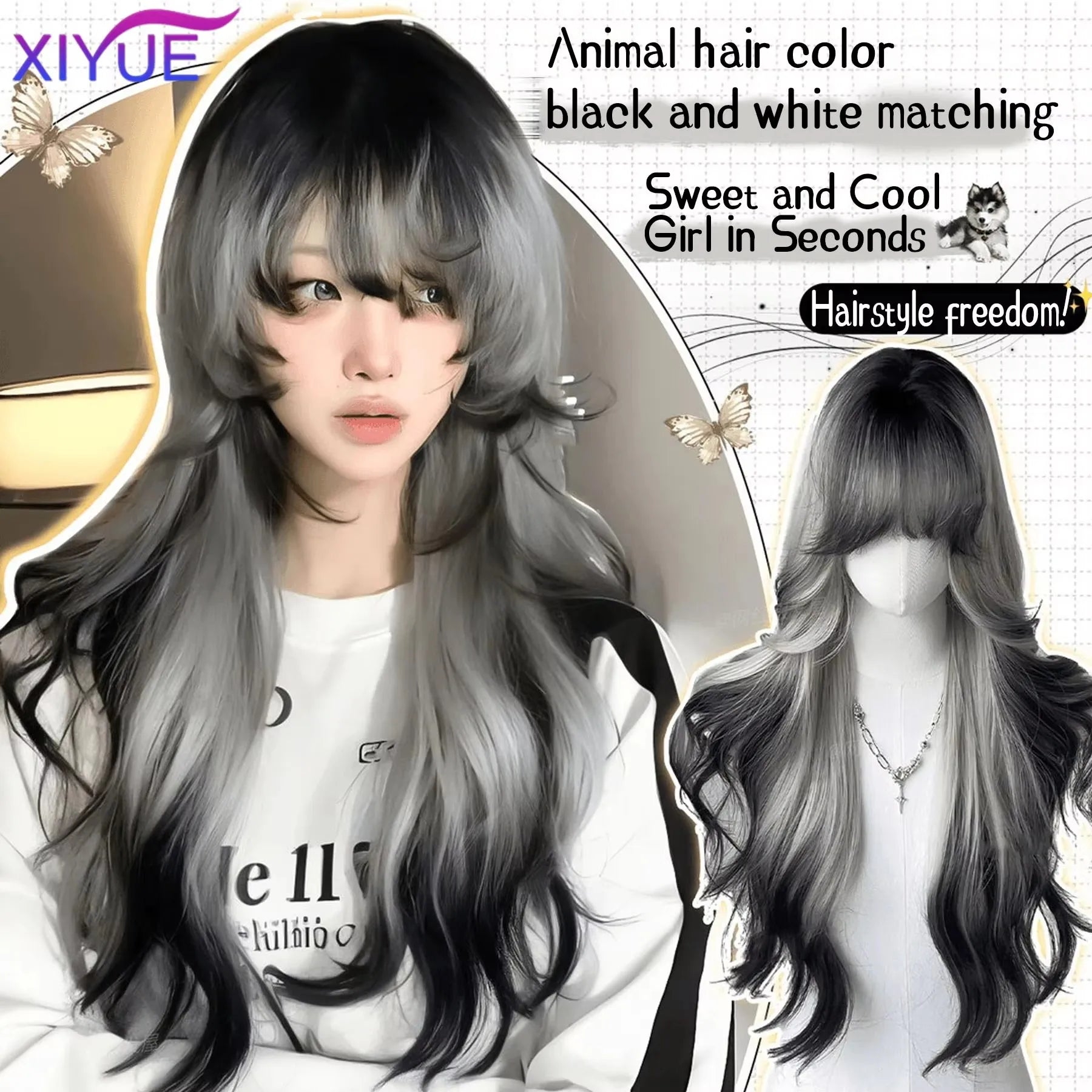 synthetic Long Body Wave Black And Gray Gradient Cosplay Wigs Heat Resistant Synthetic Wigs Bangs Natural Lolita Wigs For Women