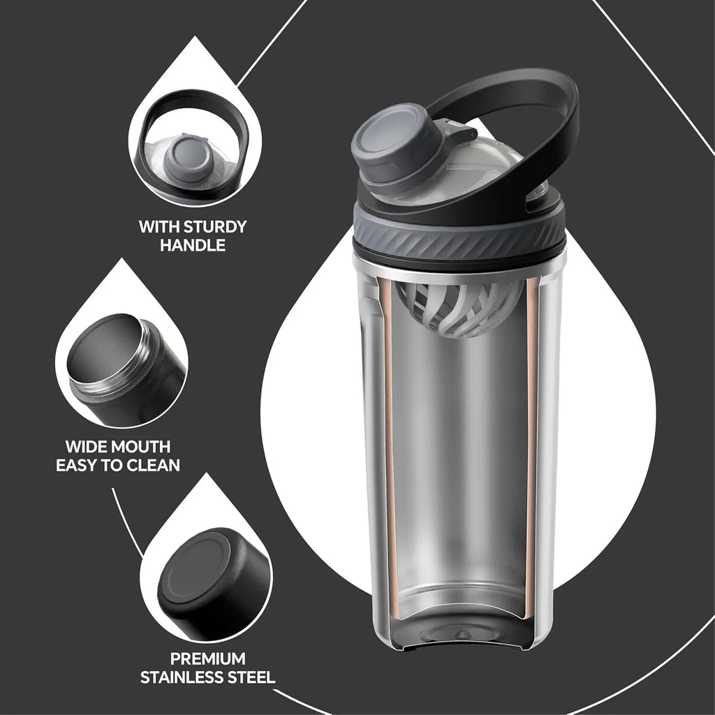 Ideus Protein Milkshake Bottle, Insulated Stainless Steel High-Temperature Resistant Shaker Cup With Silent Tritan Material Ball