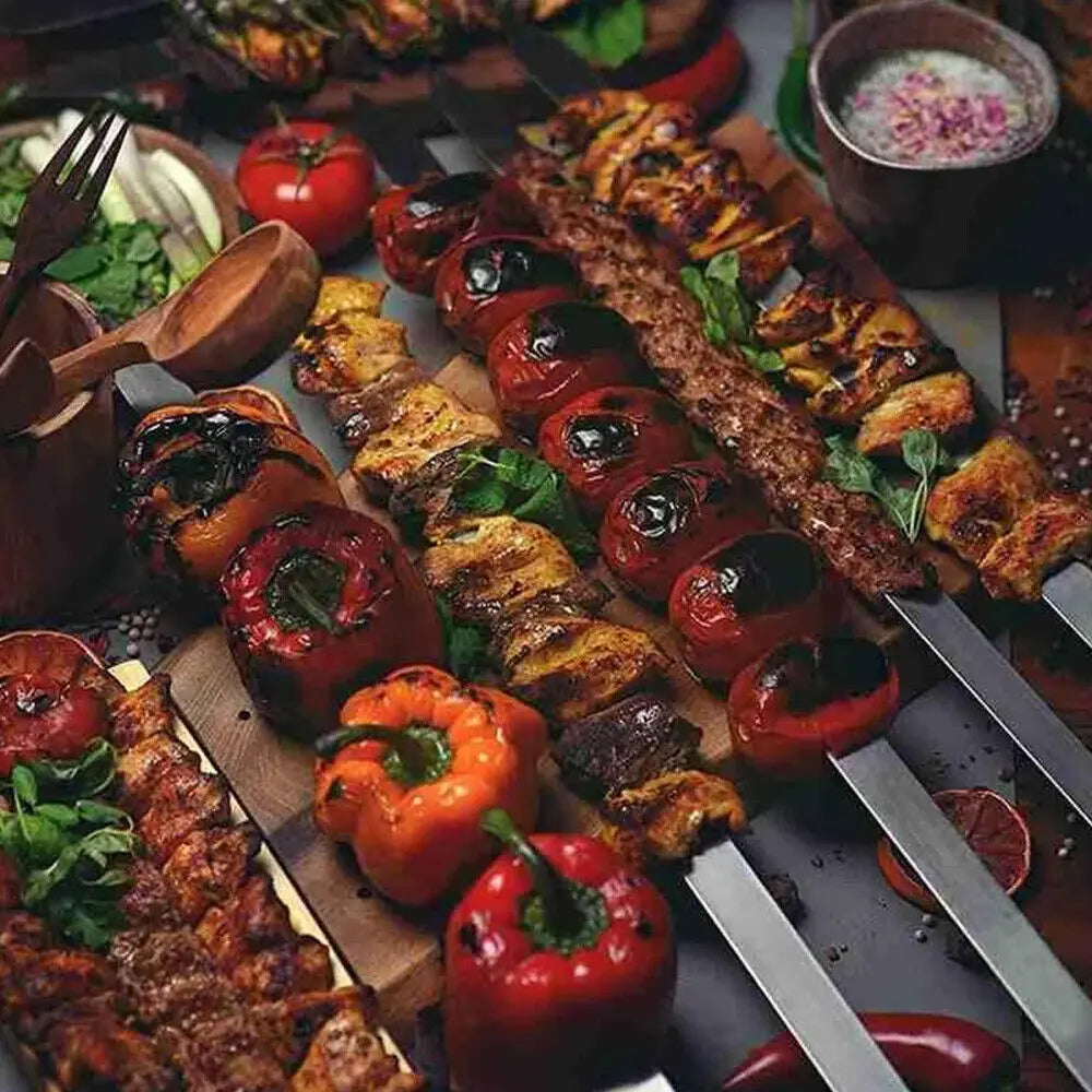 50cm Wide No-Wood Handle Flat Stainless Steel BBQ Skewers Shish Kebab Turkish Persian Grills Koubideh Iranian Brazilian European