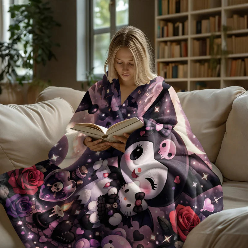 Sanrio Kuromi x Hello Kitty Flannel Blanket Kawaii Gothic Moon Print Soft Cozy Throw for Aesthetic Room Decor Gift