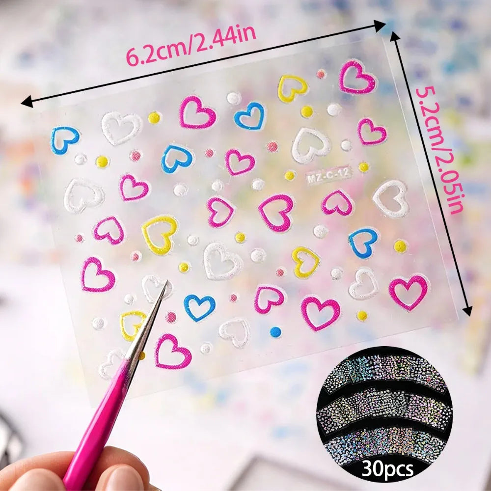 30 Sheets Flower Nail Stickers Colorful Nail Decals for Nail Art 3D Self Adhesive, Floral, Heart, Nail Art Stickers Decals