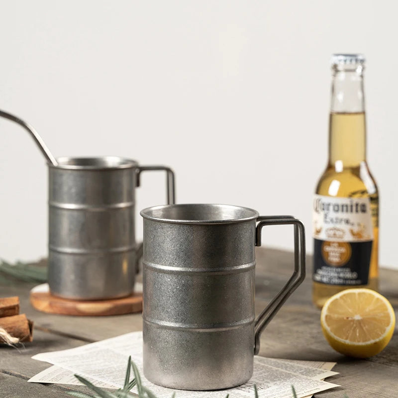 Retro Industrial Style Stainless Steel Beer Mug 304 Vintage Cold Drink Cup Outdoor Camping High Aesthetic Design
