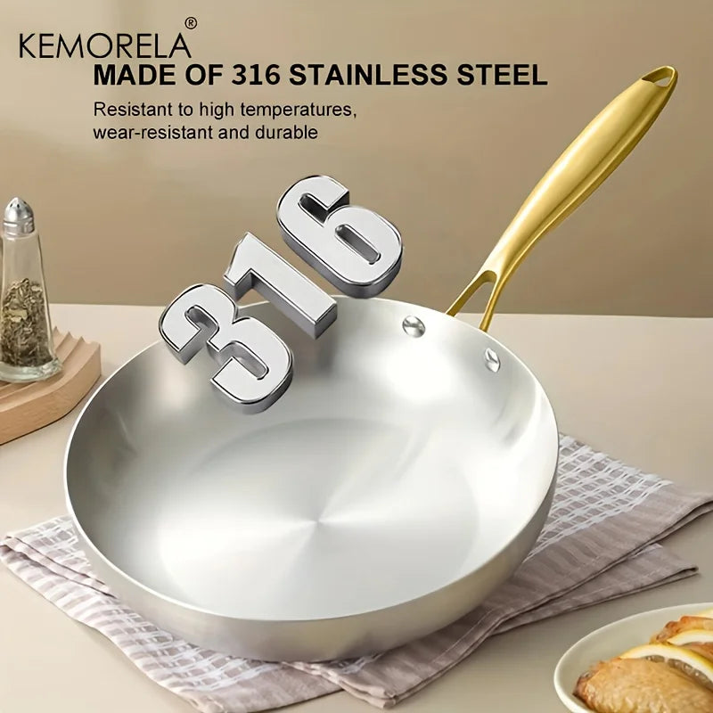 3PCS 316 Stainless Steel Gold Handle Frying Pan 2MM Thick Wok Pan 5 Ply Steel Food Grade Safety Non-Stick Pans Multiple Sizes